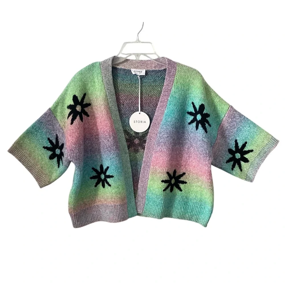 STORIA Anthropologie Rainbow Starburst Cardigan Sweater Pastel Women's Size Sm - Picture 1 of 3